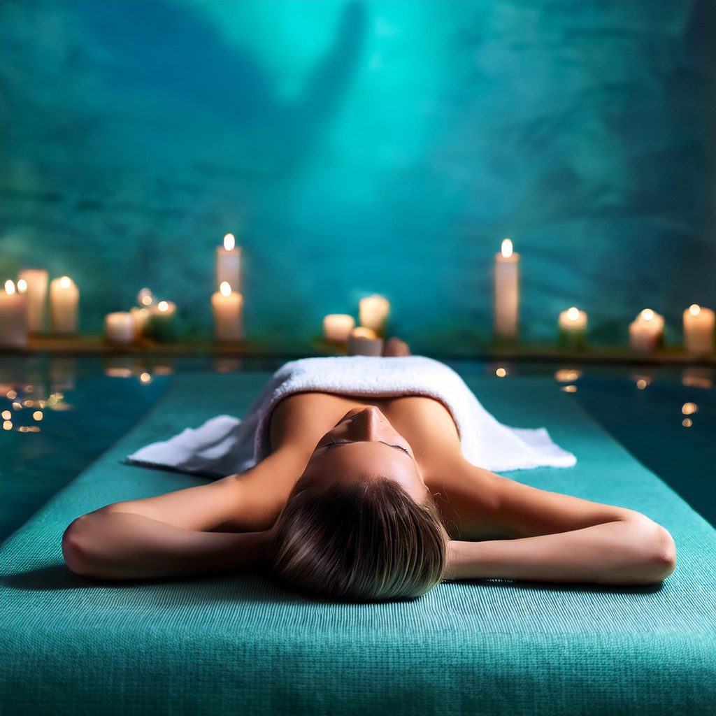 Firefly a person lying with there back up in a spa is illuminated by the candlelight, hands and head (1)